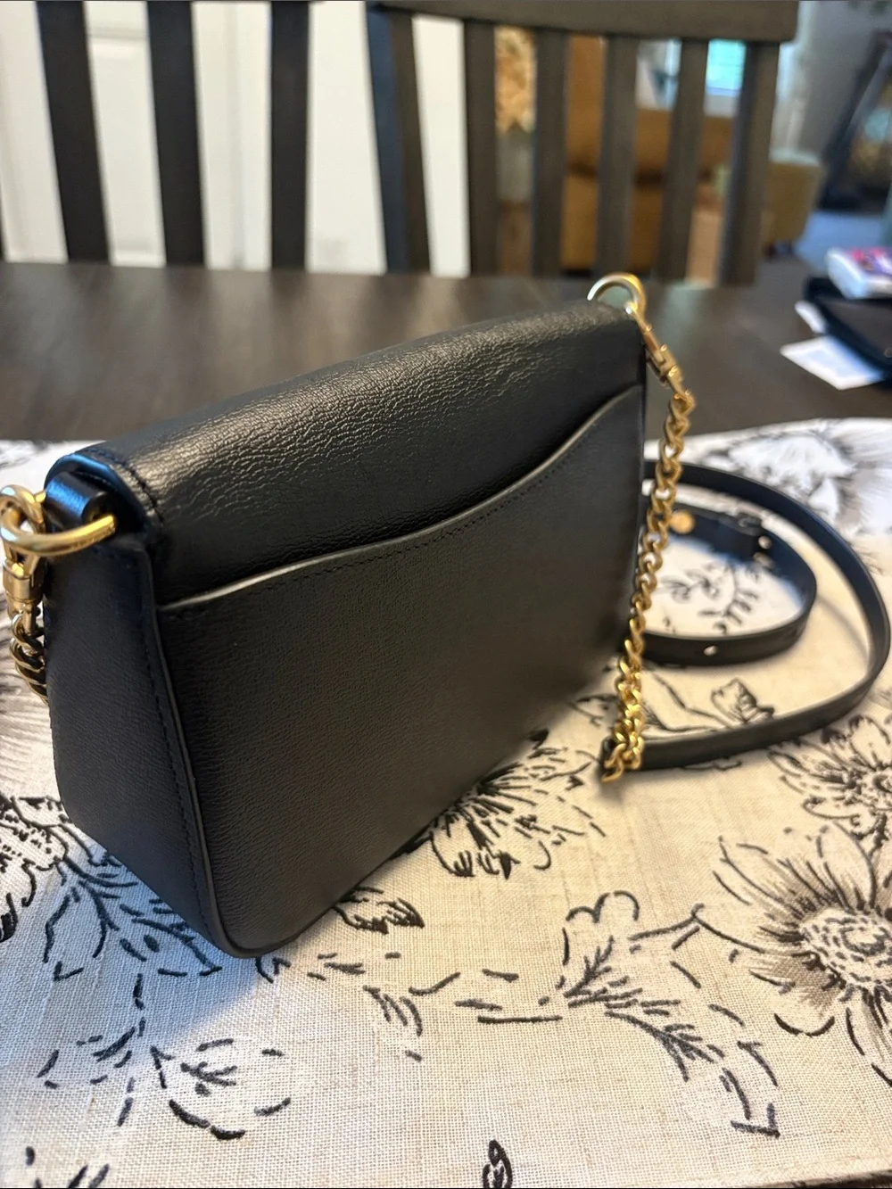 kate spade “Katy” Black Leather Crossbody with Gold Chain Detail